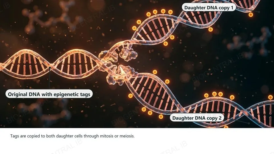 A single DNA double helix mid-replication, splitting into two complete daughter helices with matching orange tag-spheres attached at the same positions on both, labeled Original DNA with epigenetic tags, Daughter DNA copy 1, and Daughter DNA copy 2.