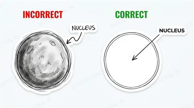 Comparison of an incorrect shaded sketch versus a correct single-line labelled drawing of an organelle