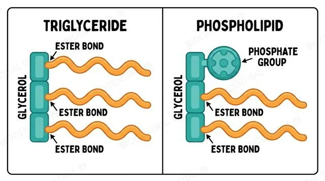 A glycerol backbone linked to three fatty acid chains forming a triglyceride, next to glycerol linked to two fatty acids and one phosphate group forming a phospholipid