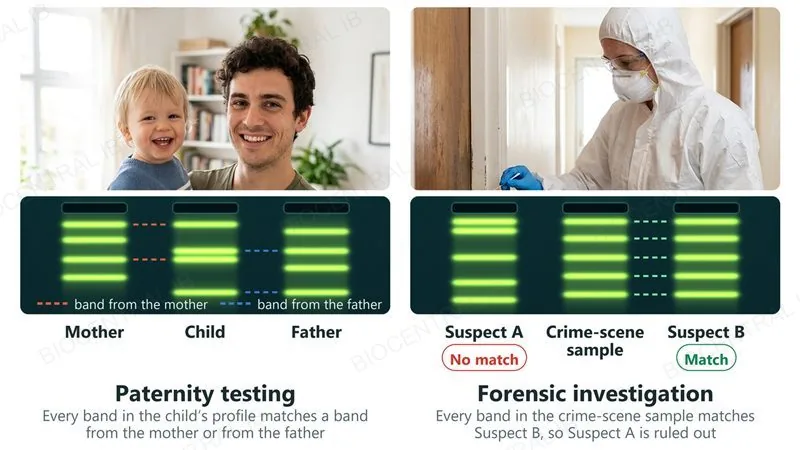 Two DNA profiling uses, each with a photograph and a gel band pattern: paternity testing, where every band of a child matches a band from the mother or the father, and a forensic investigation, where the crime-scene sample matches Suspect B but not Suspect A