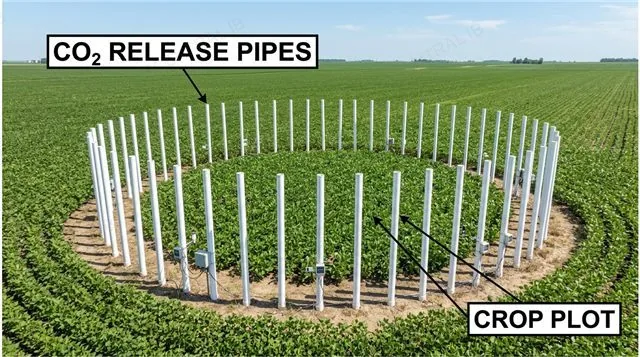Free-air carbon dioxide enrichment field experiment showing a ring of CO2 release pipes around an open-air crop plot, labeled