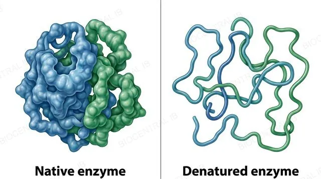 Two-panel diagram: left panel labeled native enzyme showing a tightly folded globular protein with an intact pocket-shaped active site; right panel labeled denatured enzyme showing the same protein chain unfolded and tangled with the active site pocket visibly distorted and gone