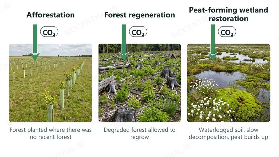 Three photographs, each with a CO2 arrow pointing down into it: young trees in tree guards planted on open farmland (afforestation), seedlings regrowing among old stumps (forest regeneration) and a waterlogged peatland with sphagnum moss and cotton-grass (peat-forming wetland restoration)