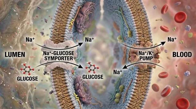 A sodium-dependent glucose symporter using the Na+ gradient to pull glucose into an intestinal epithelial cell, with the Na+/K+ pump maintaining the gradient, labeled