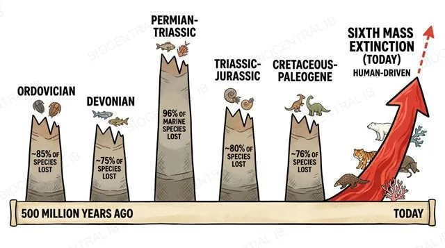 Timeline of Earth's five past mass extinctions (Ordovician, Devonian, Permian-Triassic, Triassic-Jurassic, Cretaceous-Paleogene) and the ongoing human-driven sixth mass extinction