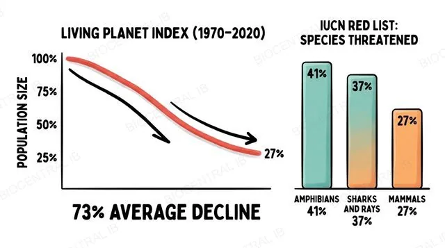 Living Planet Index chart showing a 73% average decline in monitored vertebrate populations since 1970, alongside an IUCN Red List bar chart of species threatened