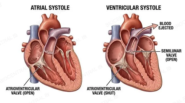 A sequence diagram of the left side of the heart during atrial systole, showing the atrium contracting with open atrioventricular valves and closed semilunar valves, followed by ventricular systole showing the ventricle contracting with the atrioventricular valves forced shut and the semilunar valves pushed open as blood is ejected into the aorta, labeled
