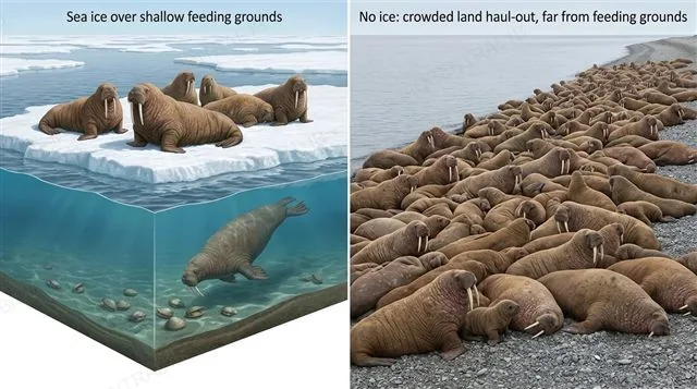 Two scenes of walruses: on the left, walruses resting on floating sea ice above shallow water with clams on the sea floor; on the right, a dense crowd of walruses on a bare beach with no sea ice in sight