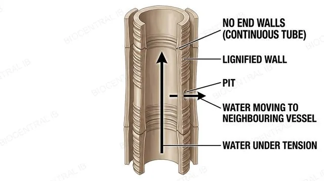 A xylem vessel formed from stacked dead vessel elements with no end walls, thick lignified walls, and a pit allowing lateral water movement into a neighbouring vessel, with an arrow showing water under tension moving upward, labeled