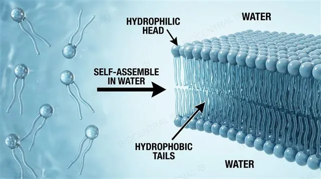 Phospholipids scattered in water self-assembling into a continuous bilayer with hydrophilic heads facing the water and hydrophobic tails meeting tail-to-tail, labeled