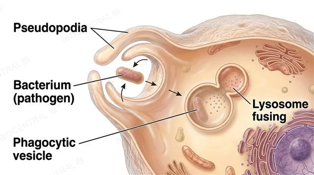 A photorealistic labeled diagram of a phagocyte extending pseudopodia inward around a single bacterium and enclosing it into a phagocytic vesicle inside the cell, with a lysosome shown fusing onto that vesicle, labeled Pseudopodia, Bacterium pathogen, Phagocytic vesicle and Lysosome fusing, all arrows pointing inward toward engulfment with no outward or ambiguous arrows