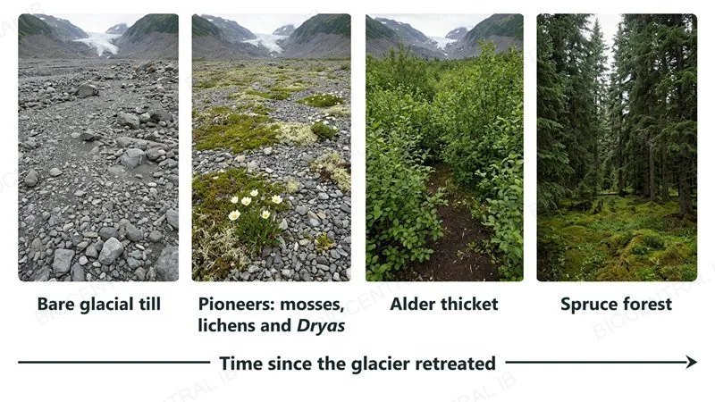 Four photographs of primary succession after a glacier retreats: bare glacial till, pioneers (mosses, lichens and Dryas), an alder thicket, and a spruce forest, with a time arrow