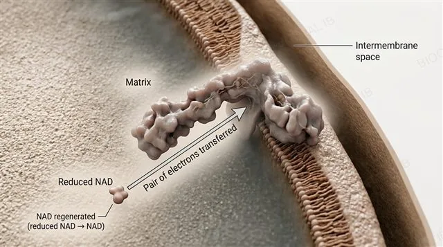 Labeled inner mitochondrial membrane cross-section showing reduced NAD passing an electron pair to the first carrier of the electron transport chain