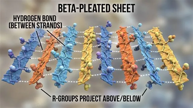 A beta-pleated sheet formed from separate strands lying alongside each other, hydrogen-bonded between strands, labeled