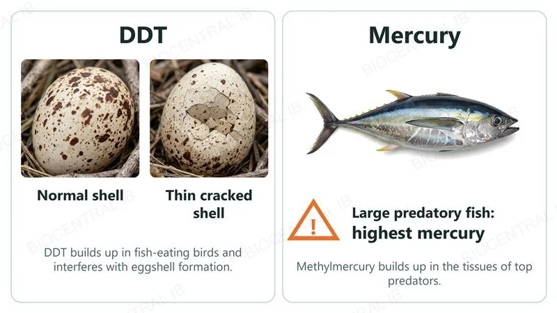 Two cards: DDT, showing a normal speckled egg beside a thin cracked egg; and mercury, showing a tuna labelled large predatory fish, highest mercury