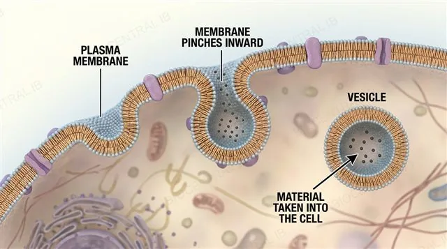 A cell membrane pinching inward around extracellular material to form an internalised vesicle, labeled