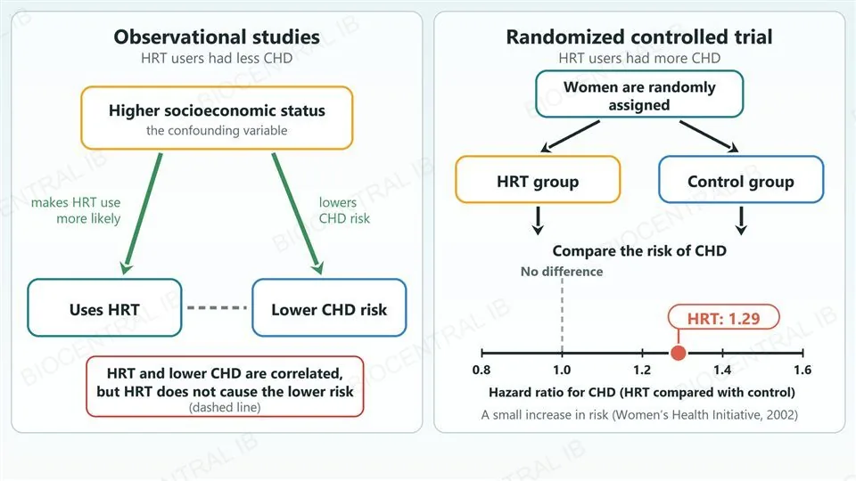 Left, an observational study: higher socioeconomic status leads both to using HRT and to lower CHD risk, so HRT and lower CHD are correlated without a cause-and-effect link. Right, a randomized controlled trial: women are randomly assigned to HRT or a control, and the Women’s Health Initiative trial found a hazard ratio for CHD of about 1.29 for HRT, a small increase in risk.