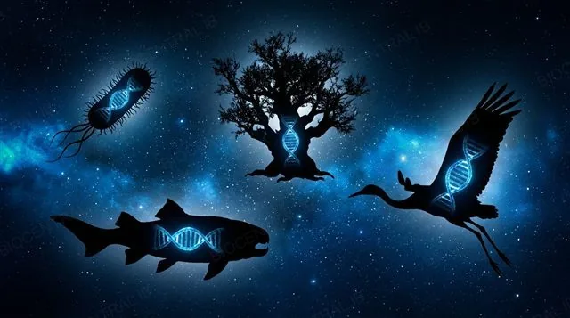 Silhouettes of a bacterium, tree, fish, and bird each containing a glowing DNA double helix