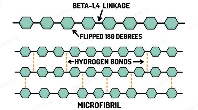 Beta-glucose monomers alternating orientation to form a straight cellulose chain, with parallel chains cross-linked by hydrogen bonds into a microfibril