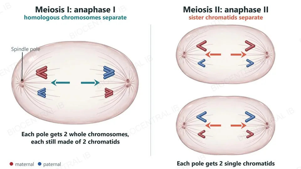 Two labeled views of the separations in meiosis. Left, anaphase I: in one cell, whole chromosomes that each still have two chromatids are pulled to opposite poles, two to each pole, so the homologous chromosomes separate. Right, anaphase II: in each of two cells, single chromatids are pulled to opposite poles, two to each pole, so the sister chromatids separate.