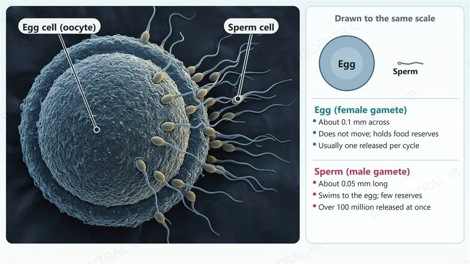 A false-colour scanning electron micrograph of a large round human egg with a thick outer coat and about thirty much smaller tadpole-shaped sperm around it, with labels for the egg and a sperm and a comparison: the egg is about 0.1 millimetres across and does not move, a sperm is about 0.05 millimetres long and swims, and a male typically releases over one hundred million sperm at once while usually one egg is released per cycle.