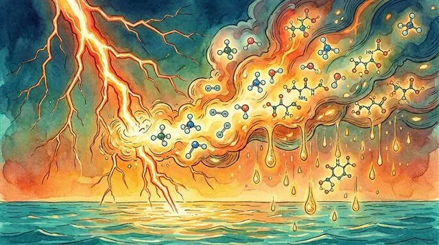 Lightning striking a mixture of glowing gas molecules, transforming into amino acid molecules