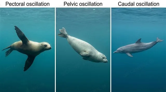 Three marine mammals compared: a sea lion sweeping front flippers, a true seal using hind flippers, and a dolphin beating its tail fluke up and down, labeled with propulsion mode names, photorealistic