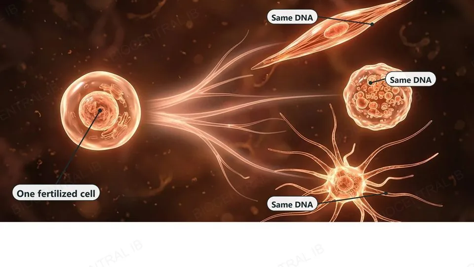 One rounded stem-like cell on the left, labeled One fertilized cell, branching by glowing trails into three visually distinct specialized cells on the right — an elongated spindle-shaped cell, a small round granule-packed cell, and a branching star-shaped cell — each labeled Same DNA.