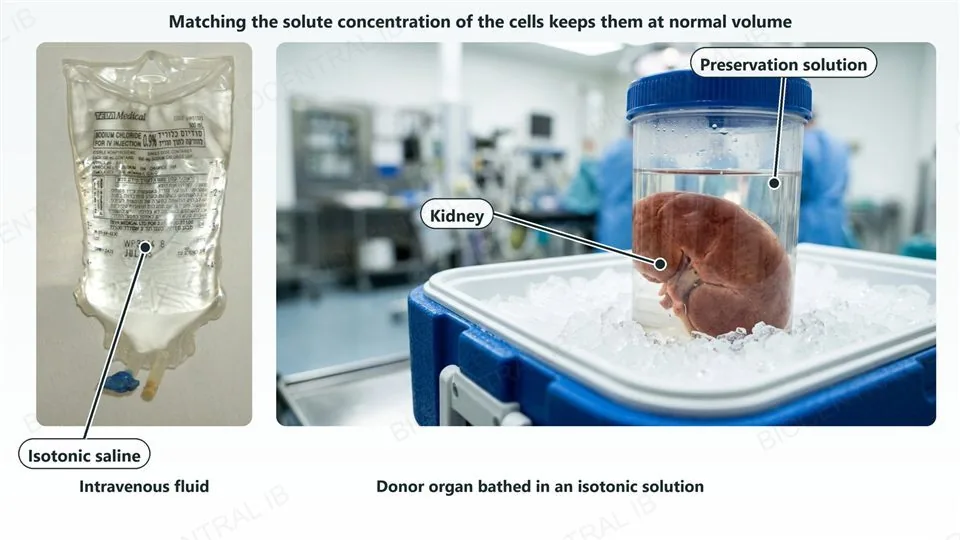 On the left, a real photograph of a bag of 0.9 percent sodium chloride intravenous fluid labelled as isotonic saline; on the right, a photograph of a human kidney in a clear container of preservation solution packed in ice in a transport cooler, with leaders labelling the kidney and the preservation solution.