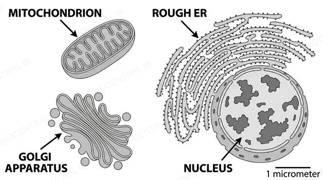 Labelled electron-micrograph-style diagram identifying mitochondrion, Golgi apparatus, rough ER, and nucleus