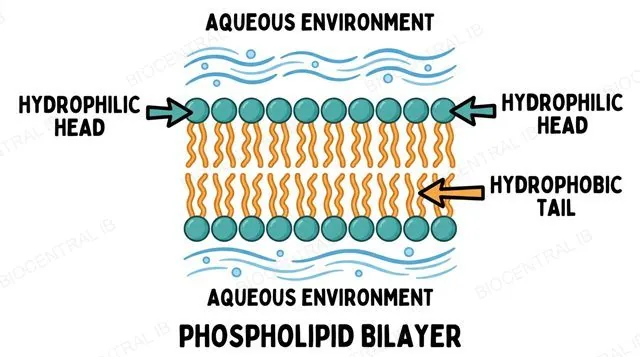 A phospholipid bilayer with hydrophilic heads facing outward into water on both sides and hydrophobic tails facing inward, shielded from water