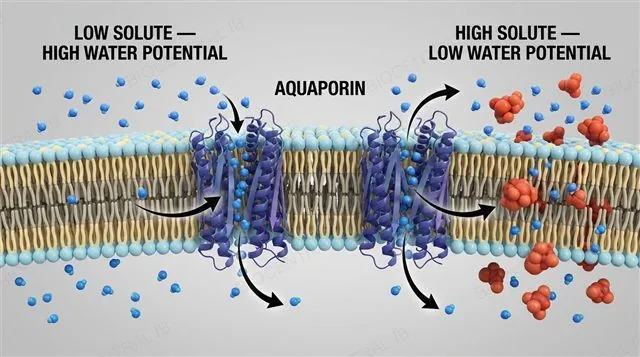 Water molecules passing through aquaporin channels from a low-solute to a high-solute side, while solute particles are too large to pass, labeled