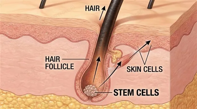 A cross-section of a hair follicle with stem cells at its base producing the hair shaft and contributing to skin cell repair, labeled