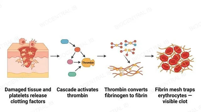A flat four-stage diagram in left-to-right order: damaged tissue and platelets release clotting factors, clotting factor cascade activates thrombin, thrombin converts fibrinogen to fibrin, fibrin mesh traps erythrocytes forming a clot, with single-direction arrows and no other arrows
