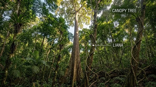 A forest scene with one tall canopy tree labeled canopy tree and a woody vine climbing around its trunk toward the canopy labeled liana