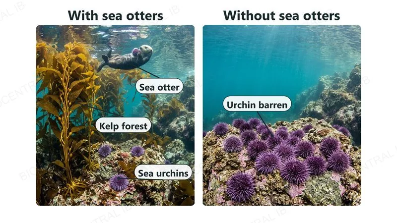 Two underwater photographs: with sea otters, a dense kelp forest, an otter holding an urchin and only three sea urchins; without sea otters, no kelp and a rock covered in purple sea urchins, an urchin barren