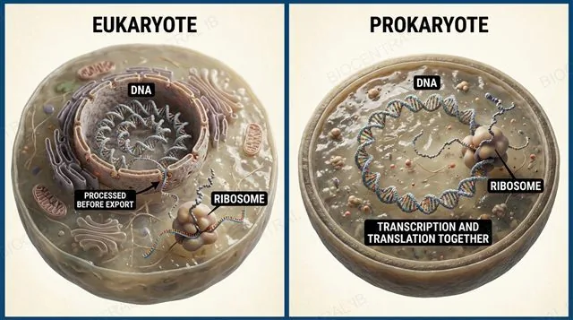 The nuclear envelope separating transcription in the nucleus from translation in the cytoplasm, with mRNA processing shown before export, contrasted with a prokaryote where both happen together