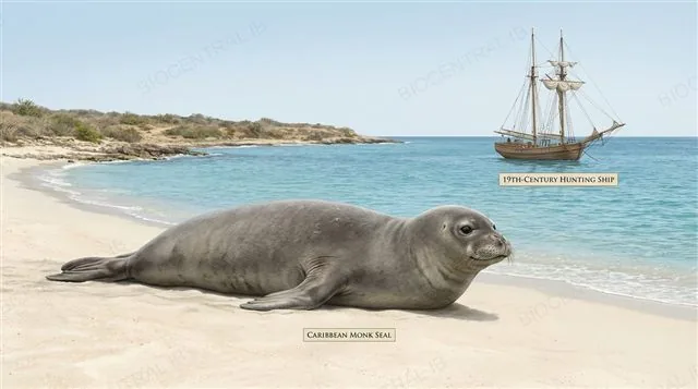 Caribbean monk seal, an extinct marine mammal, illustrated resting on a Caribbean beach, with a 19th-century hunting ship visible offshore