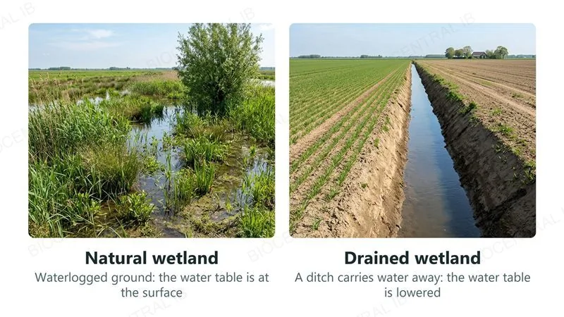 Two photographs: a natural wetland with standing water, reeds and a willow, and a drained wetland with a straight ditch and a dry crop field