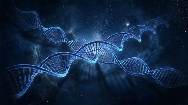 An impossibly long strand of DNA coiling into the distance toward a starfield