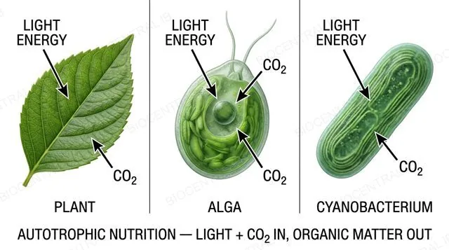 A green plant leaf, a green algal cell and a cyanobacterium shown side by side, each with an arrow labeled light energy and an arrow labeled carbon dioxide entering, captioned autotrophic nutrition