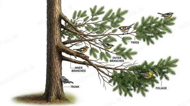 A single spruce tree cross-section with five small warbler bird icons perched at five different labeled foraging zones: trunk, inner branches, outer branches, twigs and foliage