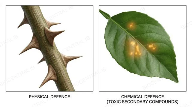 A plant stem with sharp thorns labeled physical defence, and a leaf with a glowing internal callout labeled toxic secondary compounds representing chemical defence