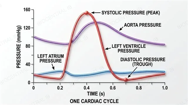 A pressure-time graph over one cardiac cycle showing the left atrium, left ventricle and aorta pressure curves, with the ventricular pressure peak labeled systolic pressure and its trough during diastole labeled diastolic pressure, and the timing of semilunar and atrioventricular valve opening and closing marked, labeled
