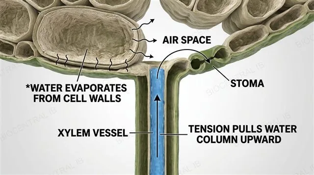 Water evaporating from mesophyll cell walls into a leaf's internal air spaces and escaping through an open stoma, with an arrow showing tension pulling a continuous water column up through the xylem toward the leaf, labeled
