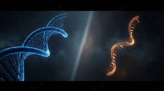 Side-by-side comparison of a thick DNA double helix and a thin single RNA strand