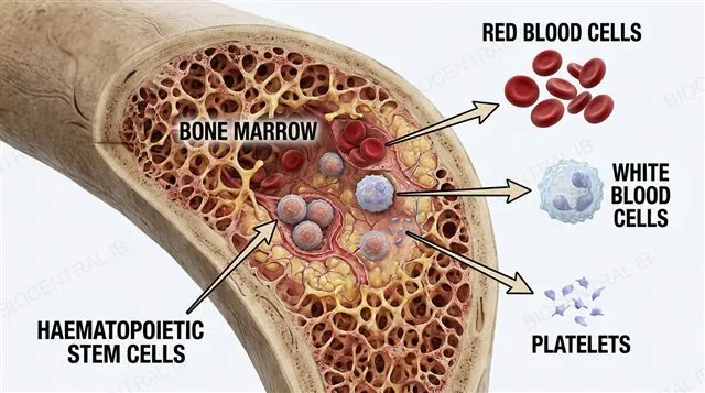 A cross-section of bone marrow with haematopoietic stem cells producing red blood cells, white blood cells and platelets, labeled