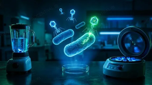A laboratory blender and centrifuge with glowing bacteriophage particles infecting bacteria