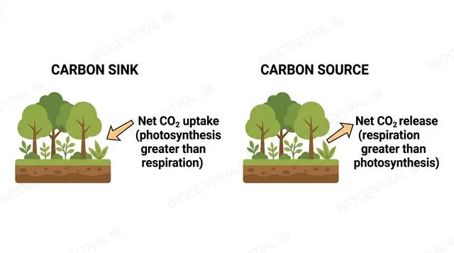 A flat two-panel diagram, left panel carbon sink with an inward arrow labeled net CO2 uptake photosynthesis greater than respiration, right panel carbon source with an outward arrow labeled net CO2 release respiration greater than photosynthesis