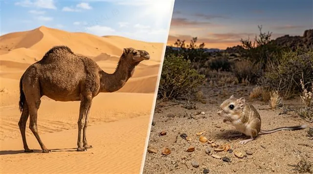 A camel standing in a hot desert landscape beside a kangaroo rat, both shown obtaining water metabolically from food rather than drinking, photorealistic wildlife photography